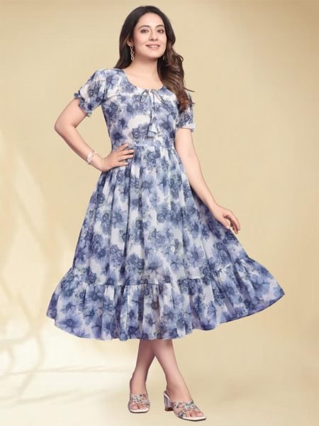 Blue Georgette Floral Print Maxi Dress with Puff Sleeves and Flared Jalar Design for Elegant Parties Sale