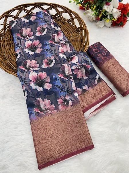 Blue Moss Chiffon Digital Print Saree with Jacquard Zari Border Sale
