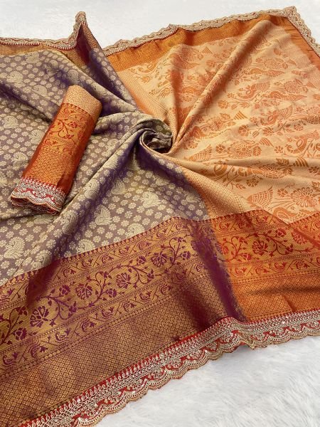 Blue Pattu Silk Jacquard Embroidery Lace Border Dharmavaram Saree Sale
