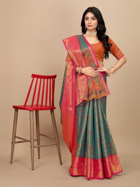 Blue Pure Silk Fabric Woven Jacquard     Dharmavaram Pattu Tradition Designer Sarees