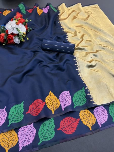 Blue Pure Silk Kanjivaram Saree with Jacquard Leaf Border Sale