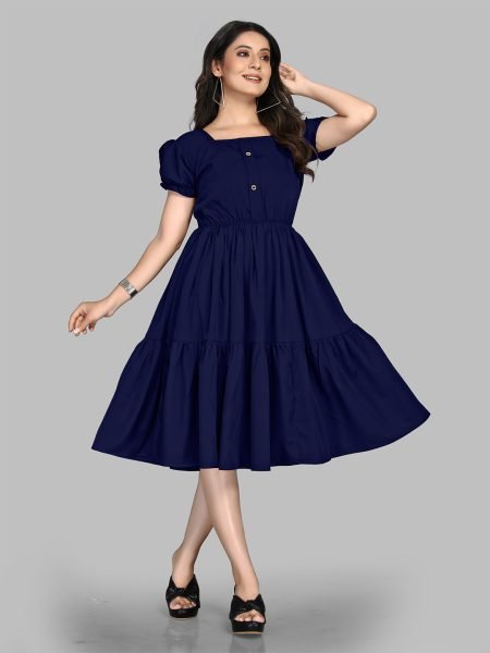 Blue Stylish Crape Solid Button Closure Layered Fit and Flare Dress with Puff Sleeves Dresses