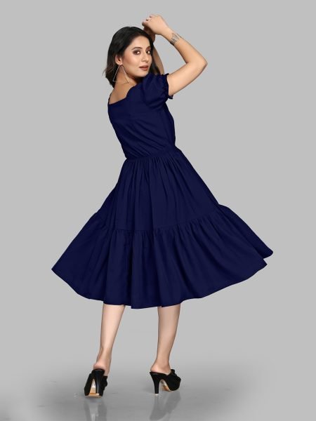 Blue Stylish Crape Solid Button Closure Layered Fit and Flare Dress with Puff Sleeves Dresses