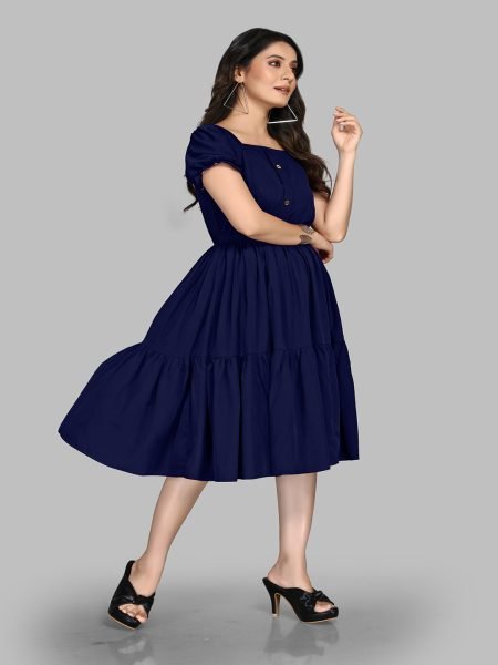 Blue Stylish Crape Solid Button Closure Layered Fit and Flare Dress with Puff Sleeves Dresses