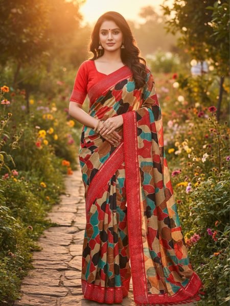 Border Swarovski Diamond Work Abstract Printed Chiffon Saree Daily Deals