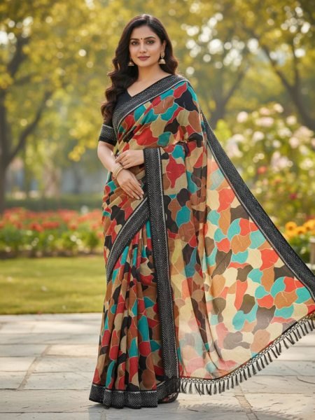 Border Swarovski Diamond Work Abstract Printed Chiffon Saree Printed Sarees