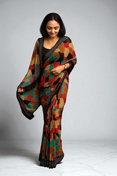 Border Swarovski Diamond Work Abstract Printed Chiffon Saree Printed Sarees