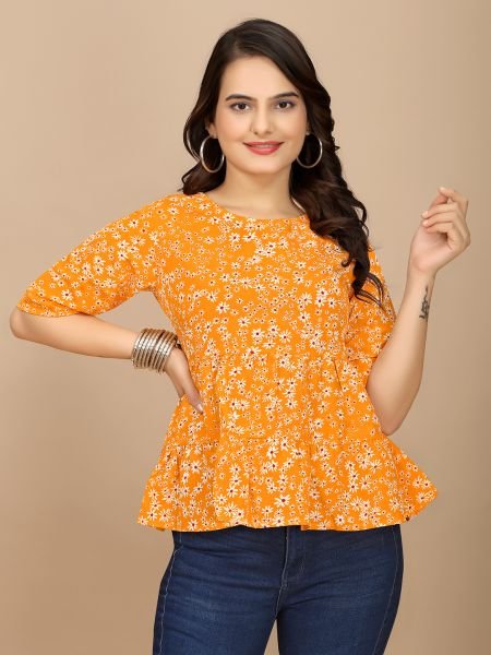 Chic Orange Floral Print Boat Neck Crepe Crop Top with Half Sleeves Tops & Tshirts