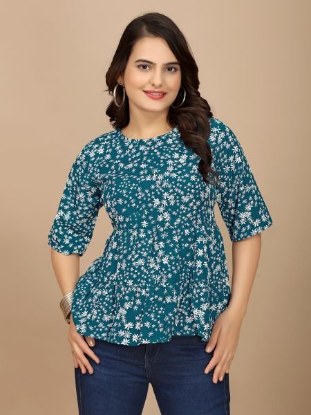 Chic Rama Floral Print Boat Neck Crepe Crop Top with Half Sleeves Tops & Tshirts