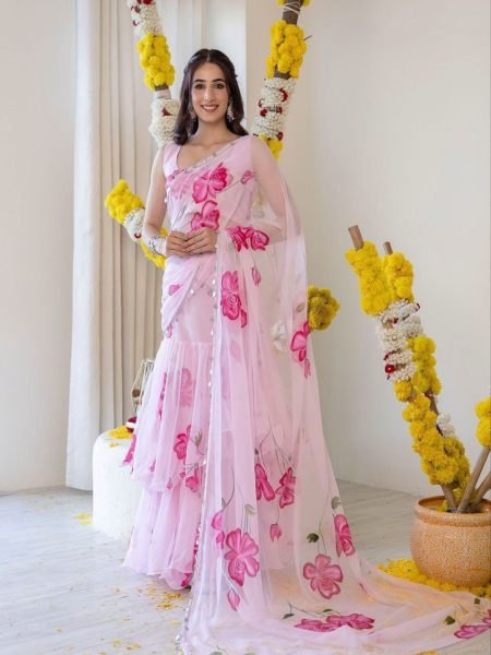 Chic Tabby Silk Pink Lehenga Saree With Digital Print And Lace Dupatta Lehenga