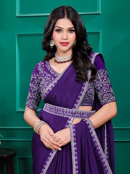 Chiffon Embroidery Sequence Lace Border Saree With Belt Saree