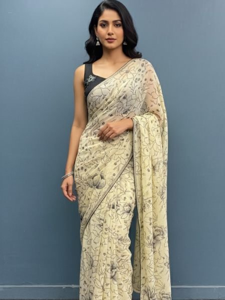 Chiffon Floral Printed Saree with Swarovski Stone Border Printed Sarees