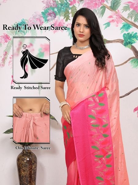 Chiffon Paisley Print Ready To Wear Pink Red Saree Printed Sarees