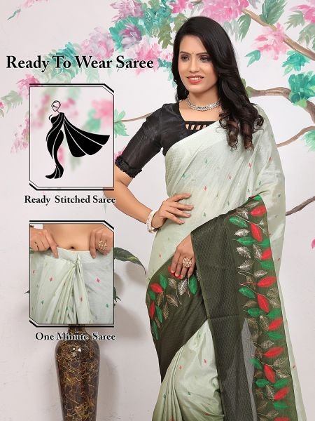 Chiffon Paisley Print Ready To Wear Mendi Green Saree Printed Sarees