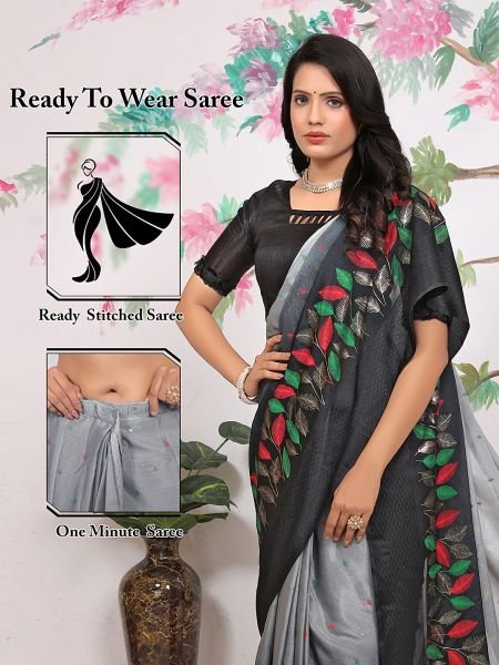 Chiffon Paisley Print Ready To Wear Grey Black Saree Ready To Wear Sarees