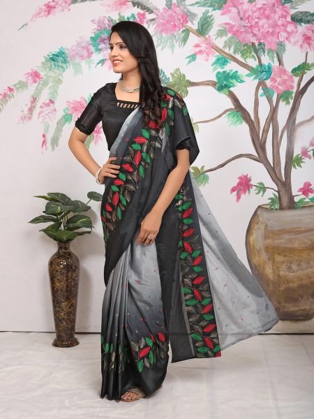 Chiffon Paisley Print Ready To Wear Grey Black Saree Ready To Wear Sarees
