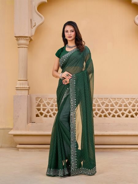 Green Chiffon Saree with Swarovski Diamond Embellishments Sale
