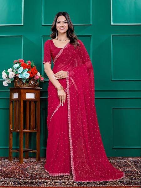 Chiffon Swarovski Diamond Lace Work Saree with Unstitched Blouse Piece Daily Deals