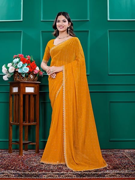 Chiffon Swarovski Diamond Lace Work Saree with Unstitched Blouse Piece Daily Deals