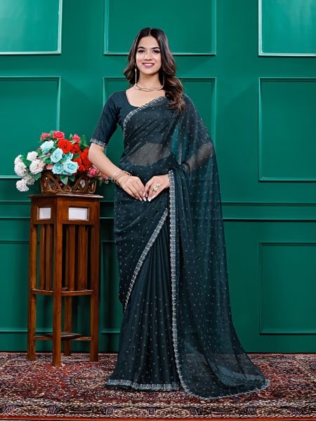 Chiffon Swarovski Diamond Lace Work Saree with Unstitched Blouse Piece Designer Sarees