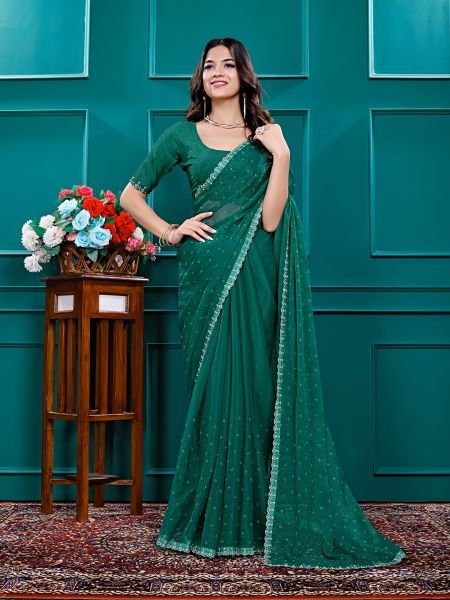 Chiffon Swarovski Diamond Lace Work Saree with Unstitched Blouse Piece Designer Sarees