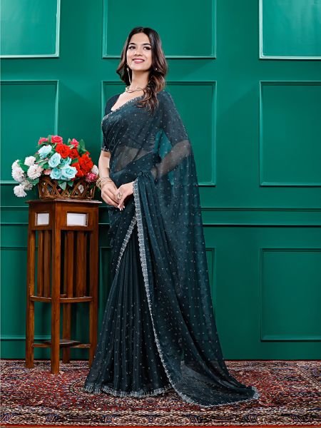 Chiffon Swarovski Diamond Lace Work Saree with Unstitched Blouse Piece Designer Sarees