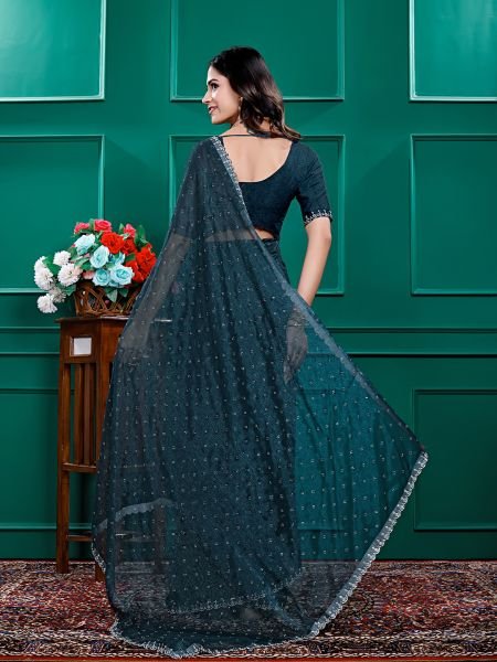 Chiffon Swarovski Diamond Lace Work Saree with Unstitched Blouse Piece Designer Sarees