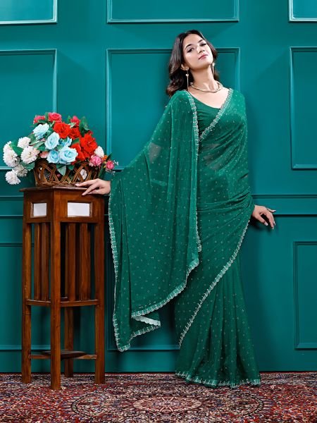 Chiffon Swarovski Diamond Lace Work Saree with Unstitched Blouse Piece Designer Sarees