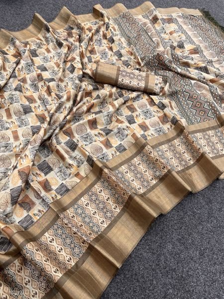 Chiku Cotton Silk Handloom Printed Saree with Tassel Border Pallu Sale