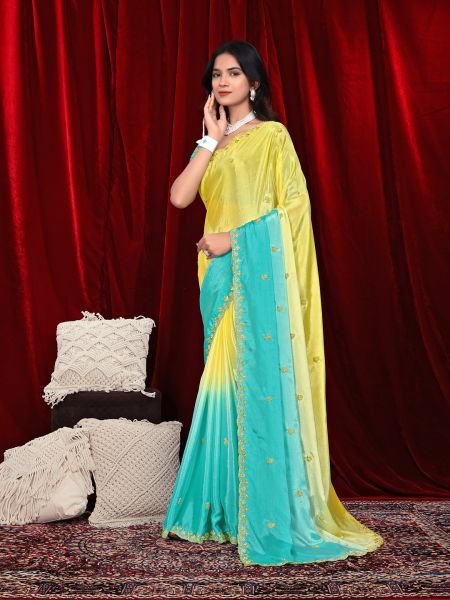 Chinon Dual Tone Saree with Embroidered Moti Border   Unstitched Blouse Piece Embroidered Sarees