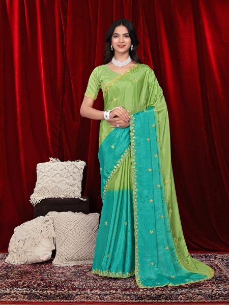 Chinon Dual Tone Saree with Embroidered Moti Border   Unstitched Blouse Piece Embroidered Sarees