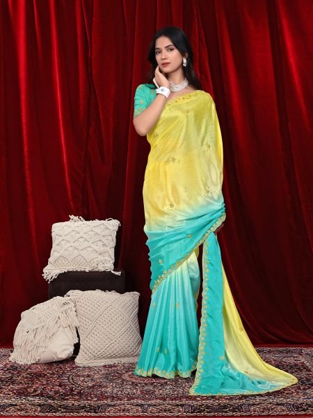 Chinon Dual Tone Saree with Embroidered Moti Border   Unstitched Blouse Piece Embroidered Sarees