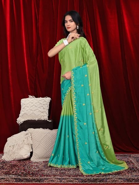 Chinon Dual Tone Saree with Embroidered Moti Border   Unstitched Blouse Piece Embroidered Sarees