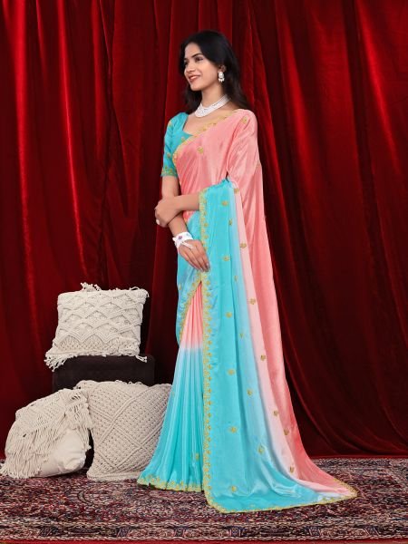 Chinon Dual Tone Saree with Embroidered Moti Border   Unstitched Blouse Piece Embroidered Sarees