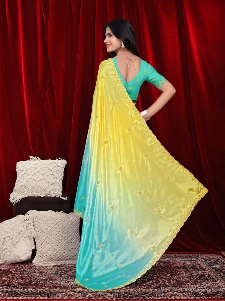 Chinon Dual Tone Saree with Embroidered Moti Border   Unstitched Blouse Piece Embroidered Sarees