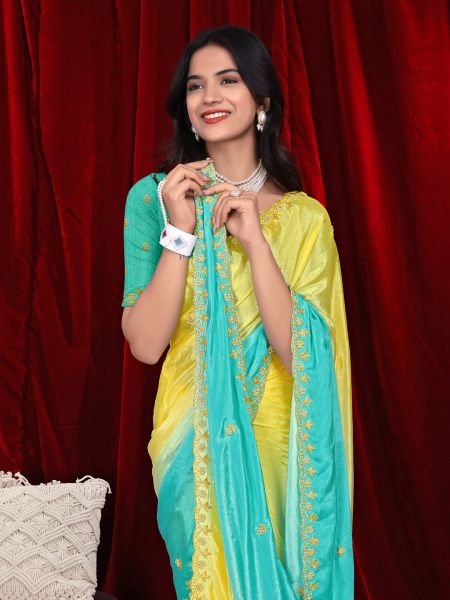 Chinon Dual Tone Saree with Embroidered Moti Border   Unstitched Blouse Piece Embroidered Sarees