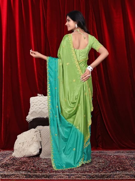 Chinon Dual Tone Saree with Embroidered Moti Border   Unstitched Blouse Piece Embroidered Sarees