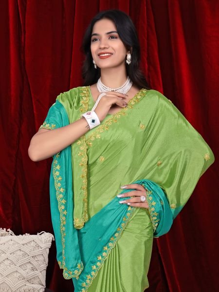 Chinon Dual Tone Saree with Embroidered Moti Border   Unstitched Blouse Piece Embroidered Sarees