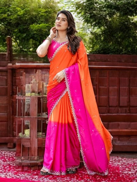 Chinon Embroidered Saree with Shaded Solid Color Design Designer Sarees