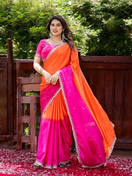 Chinon Embroidered Saree with Shaded Solid Color Design Designer Sarees