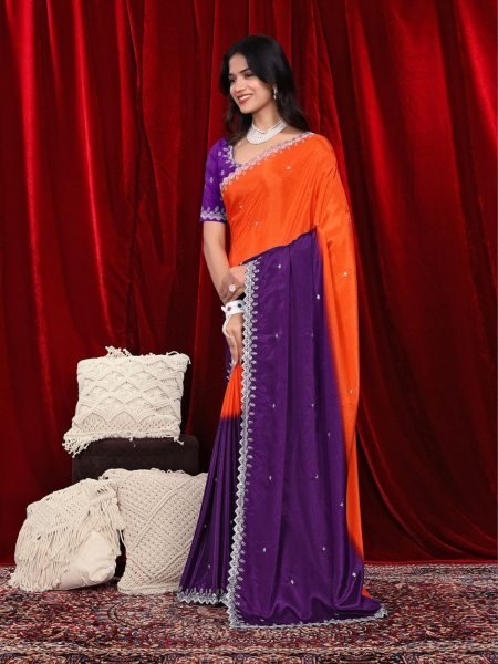 Chinon Embroidered Saree with Shaded Solid Color Design Designer Sarees