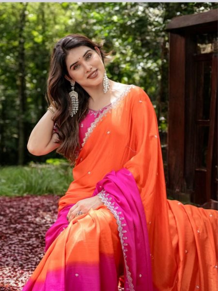 Chinon Embroidered Saree with Shaded Solid Color Design Designer Sarees