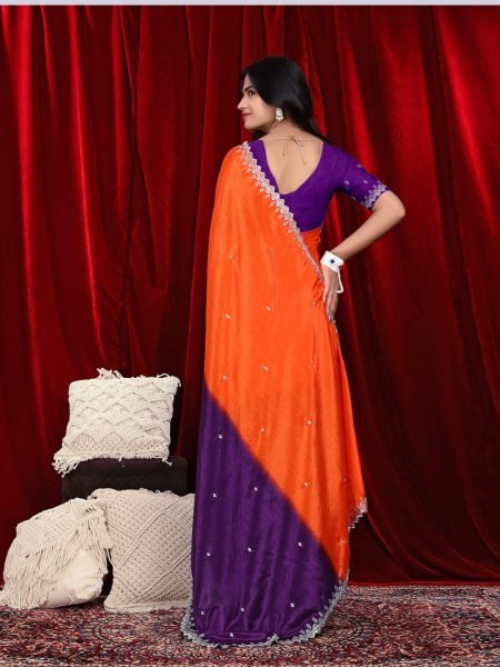 Chinon Embroidered Saree with Shaded Solid Color Design Designer Sarees