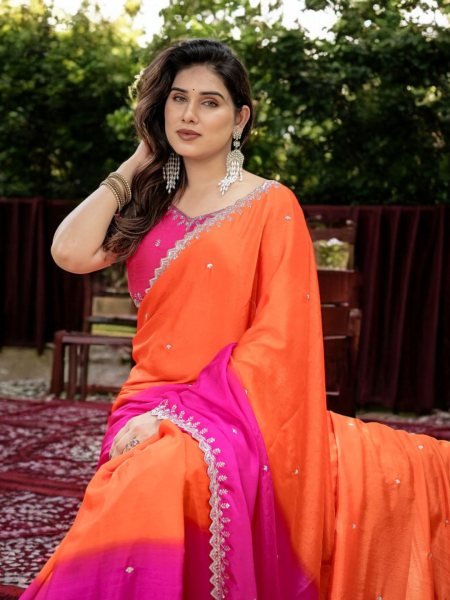 Chinon Embroidered Saree with Shaded Solid Color Design Designer Sarees