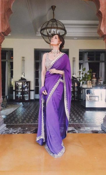 Chinon Embroidery Sequence Lace Border Purple Saree Designer Sarees