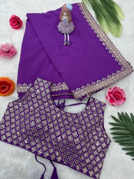 Chinon Embroidery Sequence Lace Border Purple Saree Designer Sarees