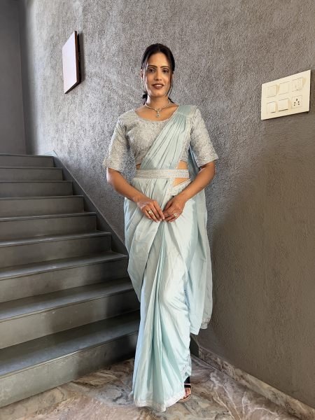  Chinon Embroidery Work Saree With Stitched Blouse Daily Deals