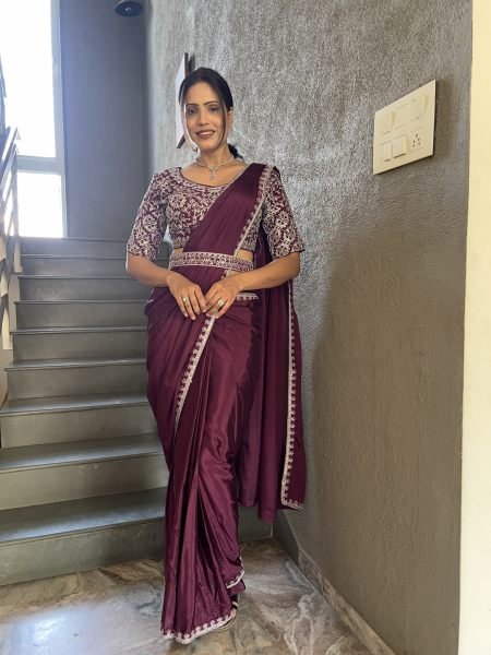 Chinon Embroidery Work Saree With Stitched Blouse Daily Deals