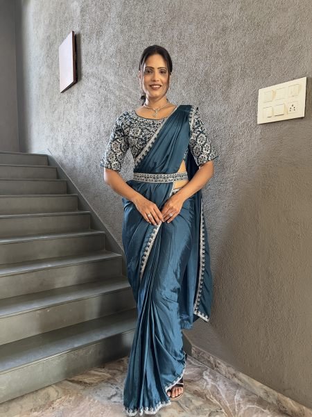  Chinon Embroidery Work Saree With Stitched Blouse Daily Deals