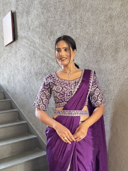  Chinon Embroidery Work Saree With Stitched Blouse Ready To Wear Sarees